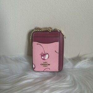 Coach Pink Cherry Print Zip Card Case Wallet with Chain Wristlet Strap Gold Logo